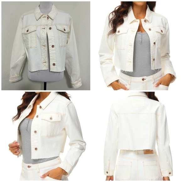 Frye Jackets & Blazers - FRYE Women’s Cropped Raw-Hem Denim Jean Jacket Natural Color Cotton White XL NWT